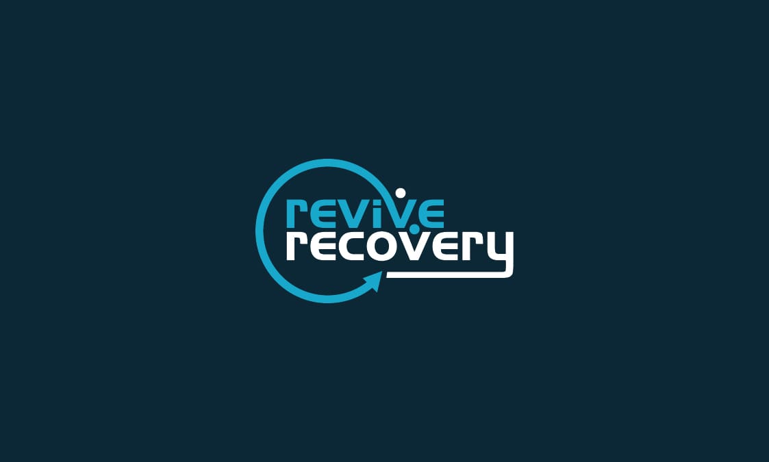 A blue and white logo for revive recovery