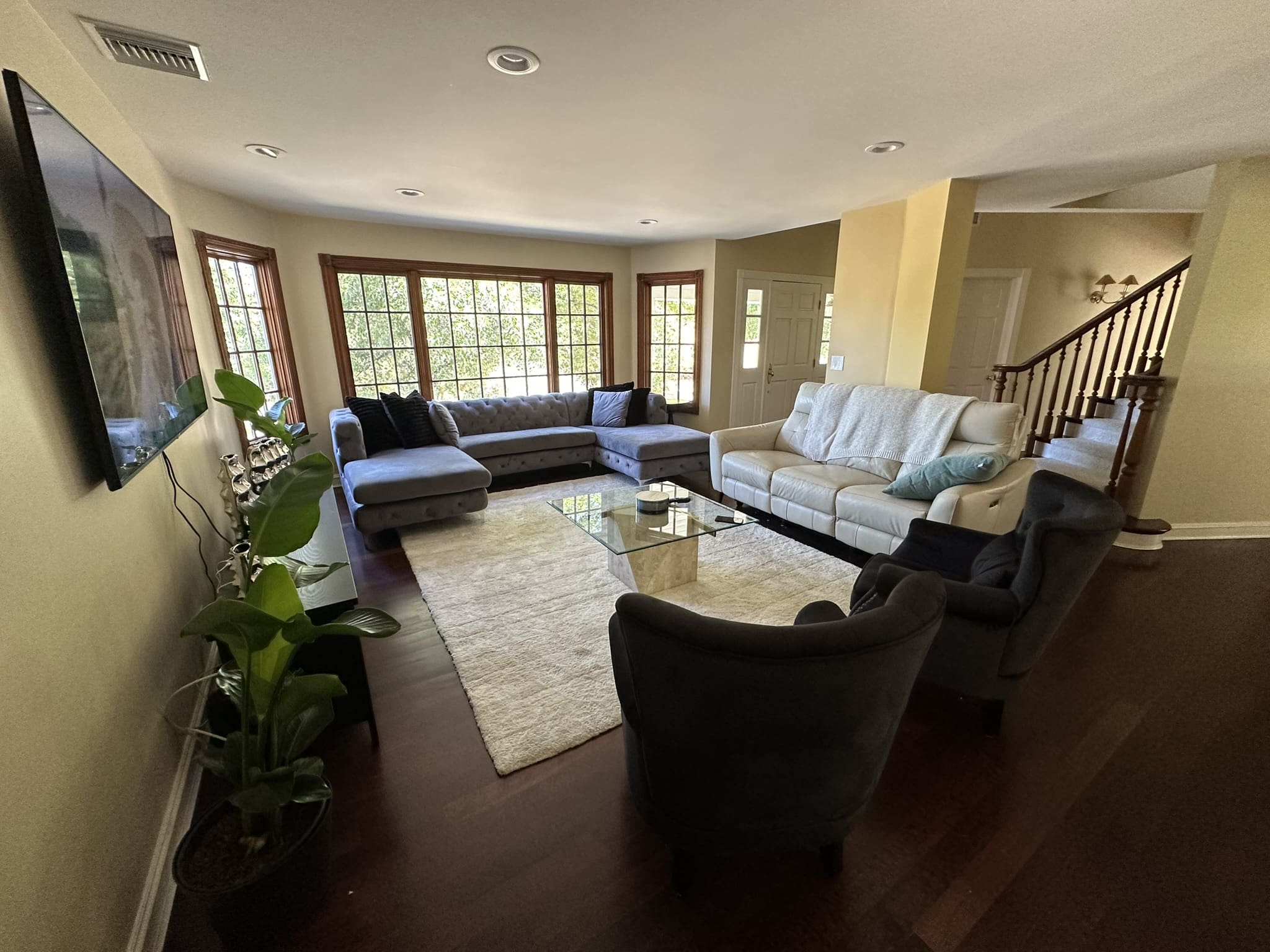 A living room with couches and a television.